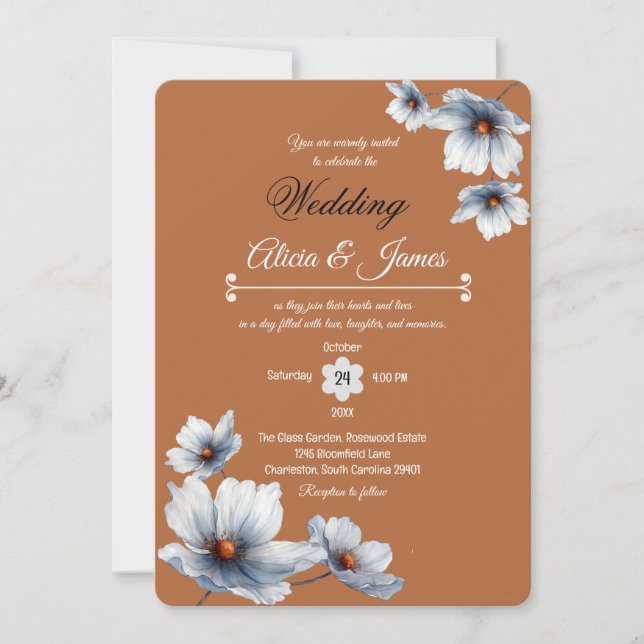 Convite Casamento de outono de Terracotta Blue Floral Chic (Frente)