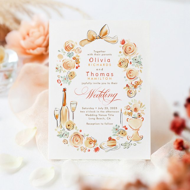 Convite Casamento de Outono Desenhado à Mão com Florais Fr (Terracotta Whimsical Hand-drawn Fall Wedding Invitations)