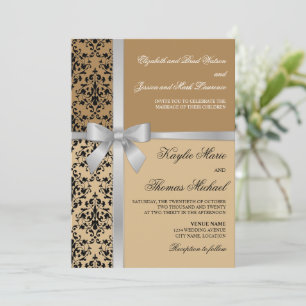 Convite Casamento de outono do Damask Faux Silver Ribbon