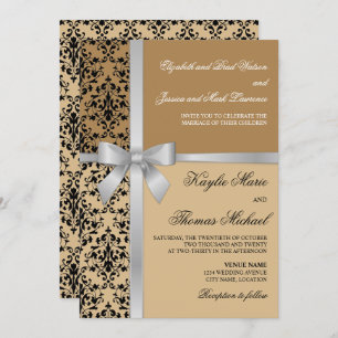 Convite Casamento de outono do Damask Faux Silver Ribbon