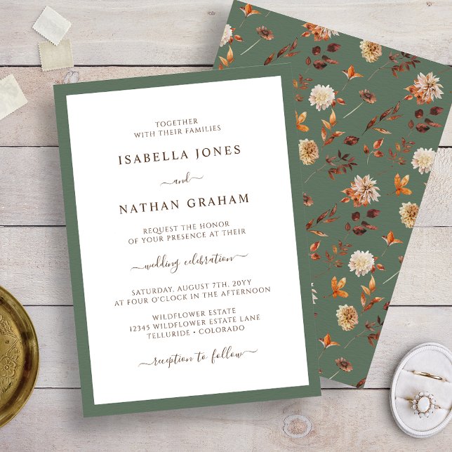 Convite Casamento de Outono Elegante Sage (Elegant Minimalist Sage Green Autumn Wedding Invitation by Painted Paperei
)