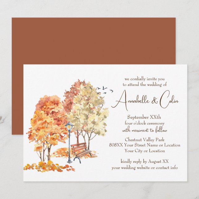Convite Casamento de Outono em Aquarela no Parque (Frente/Verso)