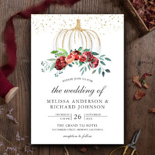 Convite Casamento de Outono Floral Borgonha Abóbora Branca