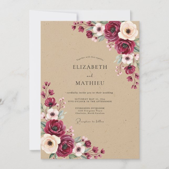 Convite Casamento de Outono Floral Carmesim (Frente)