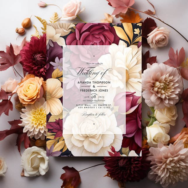 Convite Casamento de Outono Floral em Borgonha, Dourado e  (Criador carregado)