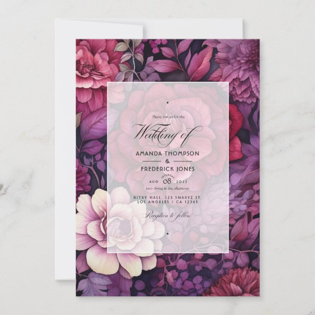 Convite Casamento de Outono Floral em Marrom e Roxo Escuro (Frente)