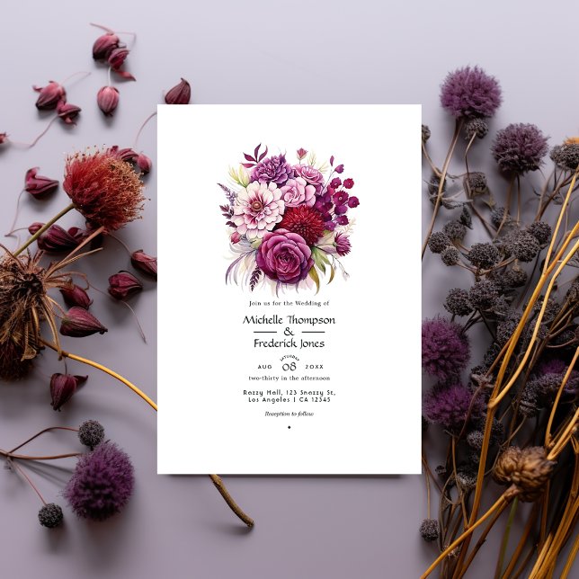 Convite Casamento de Outono Floral em Marrom e Roxo Escuro (Criador carregado)