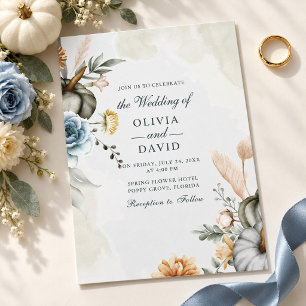 Convite Casamento de Outono Floral em Poeira Azul com Abób