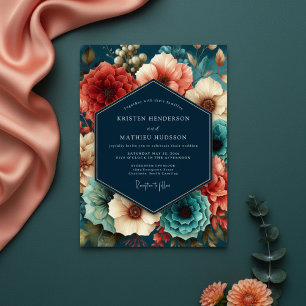 Convite Casamento de Outono Floral Opulento Verde Azul