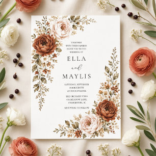Convite Casamento de Outono Floral Ranunculus Terracota