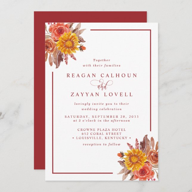 Convite Casamento de outono Floral Rustic Fall (Frente/Verso)