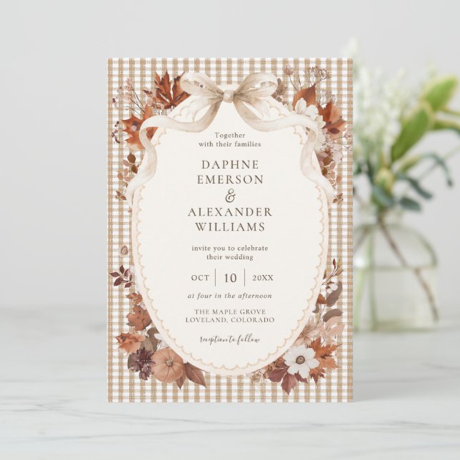 Convite Casamento de Outono Gingham Elegante (Em pé/Frente)