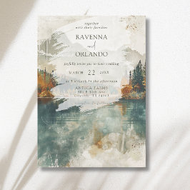 Convite Casamento de Outono no Lago da Montanha em Aquarel