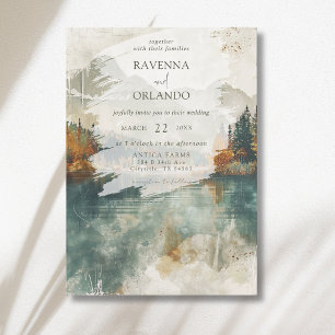 Convite Casamento de Outono no Lago da Montanha em Aquarel