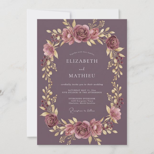 Convite Casamento de Outono Ornamentado em Rosa Empoeirado (Frente)