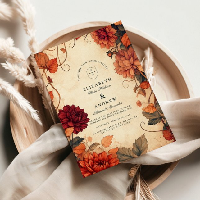 Convite Casamento de Outono Rústico com Design Floral Vint (Criador carregado)