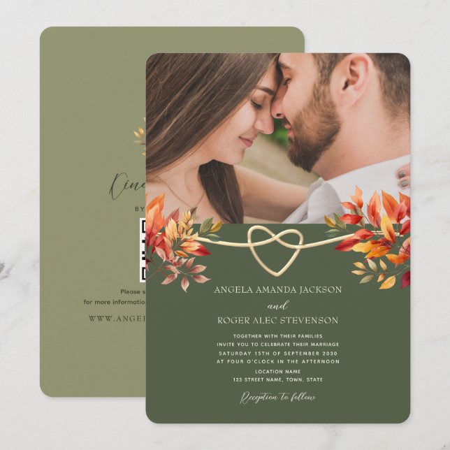 Convite Casamento de Outono Rústico em Verde Oliva em Foto (Frente/Verso)