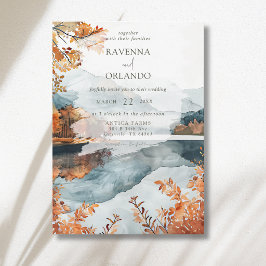Convite Casamento de Outono Rústico no Lago da Montanha
