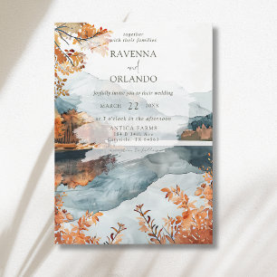 Convite Casamento de Outono Rústico no Lago da Montanha