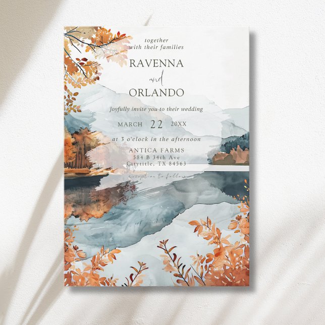 Convite Casamento de Outono Rústico no Lago da Montanha (Criador carregado)