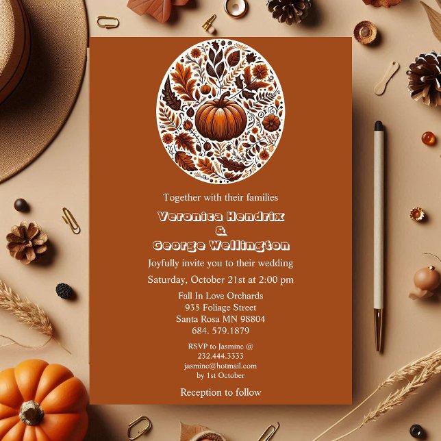 Convite Casamento de Oval Marrom Rusty Boho, Abóbora-Pumpk (Fall Pumpkin Groovy Boho Rusty Brown Oval Foliage Invitation)