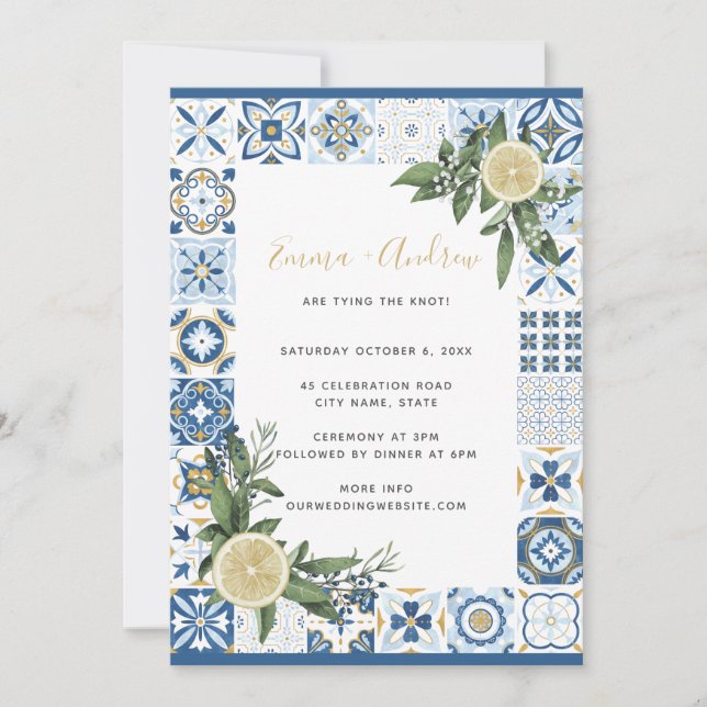Convite Casamento de Padrão de Azulejo Espanhol Lemon Citr (Frente)