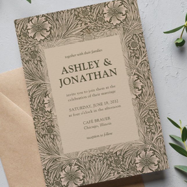 Convite Casamento de Padrão Elegante William Morris Marigo (Criador carregado)
