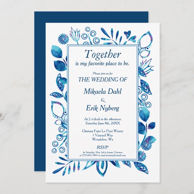 Convite Casamento de Padrão Floral Azul Escandinavo (Frente/Verso)