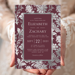 Convite Casamento de Padrão Floral de Prata Vintage