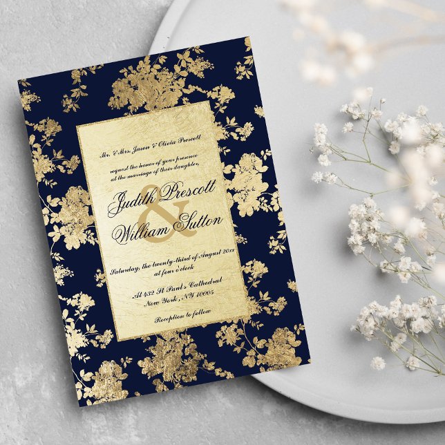 Convite Casamento De Padrão Floral Dourado Azul Do Marinho (Vintage Navy Blue Gold Floral Pattern Wedding)