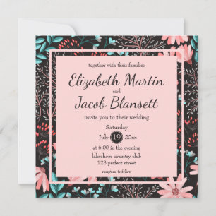 Convite Casamento de Padrão Floral Rosa e Escuro-Teal