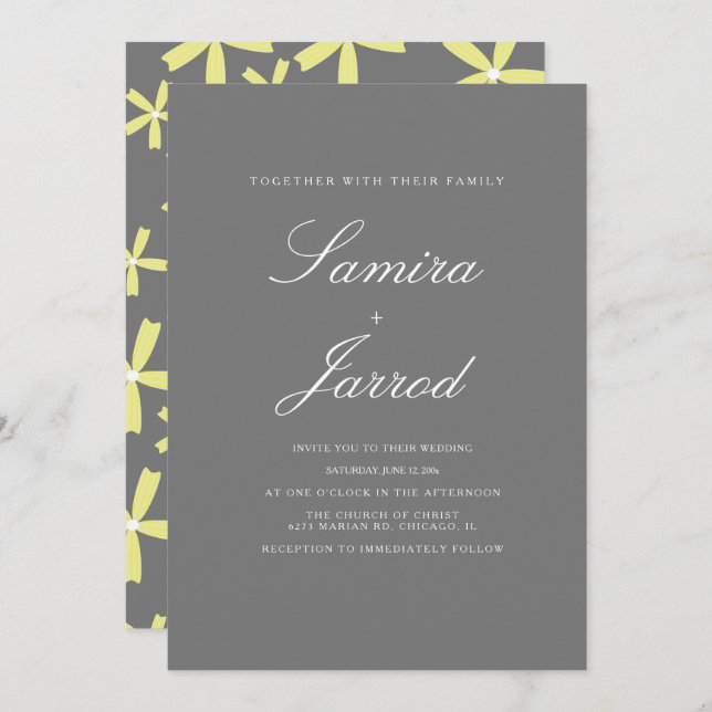 Convite Casamento de Padrão Floral Simples Amarelo e Cinza (Frente/Verso)