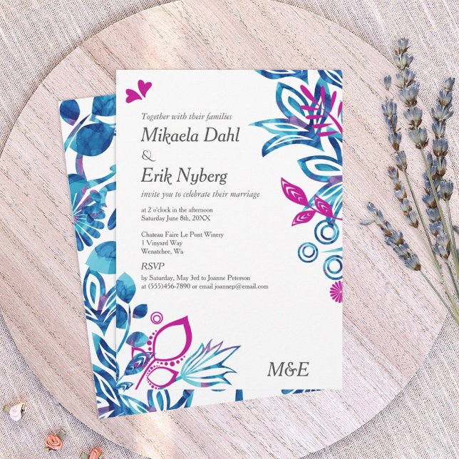Convite Casamento de padrões azuis e cor-de-rosa escandina (royal blue and magenta pink wedding invitations, blue and pink floral design)