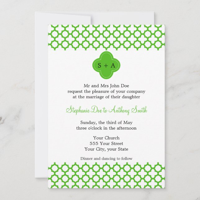 Convite Casamento de Padrões de Quatrefoil Kelly Green Mon (Frente)
