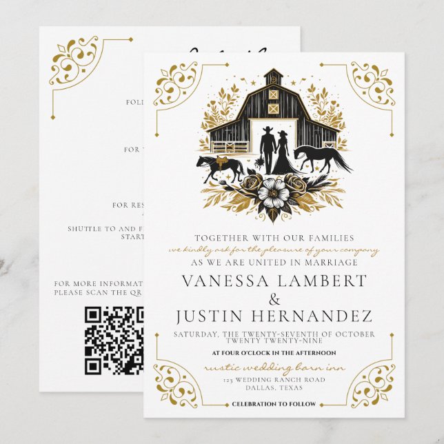 Convite Casamento de País Preto e Dourado com Código QR (Frente/Verso)