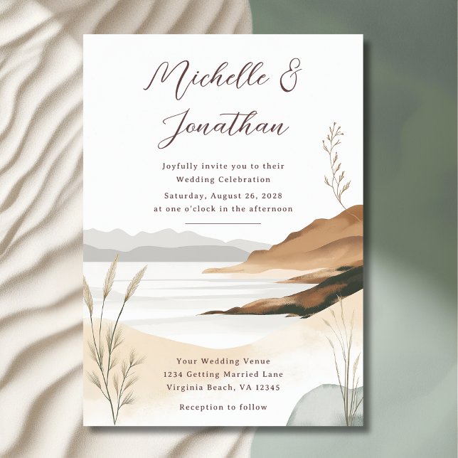 Convite Casamento de Paisagem de Aquarelas de Praia Costei (Front - Coastal Chic Beach Watercolor Landscape Wedding Invitation)