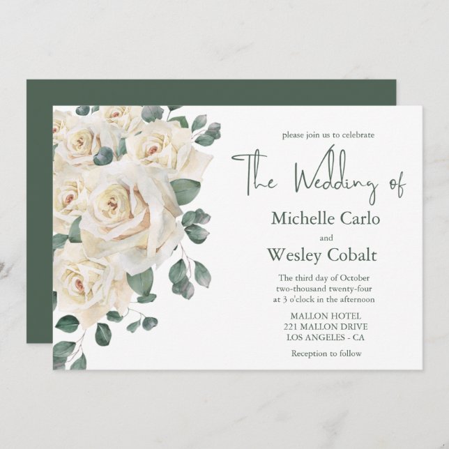 Convite Casamento de paisagens branco e Rosa verde minimal (Frente/Verso)