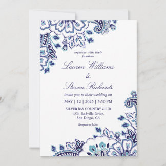 Convite Casamento de Paisley com Cor Azul Escuro-Branco Pe