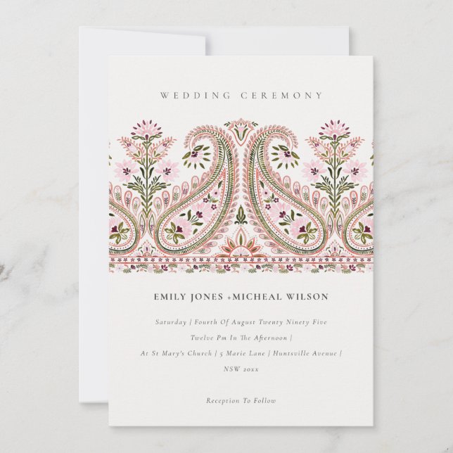 Convite Casamento de Paisley Motif, Floral Verde Rosa Eleg (Frente)