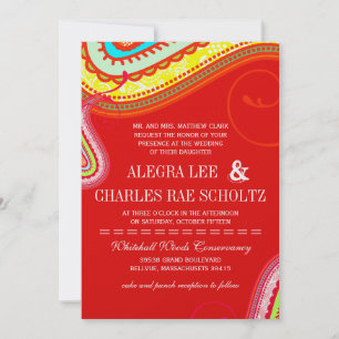 Convite Casamento de Paisley Vermelho Amarelo Moderno - La