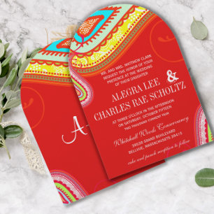 Convite Casamento de Paisley Vermelho Amarelo Moderno - La