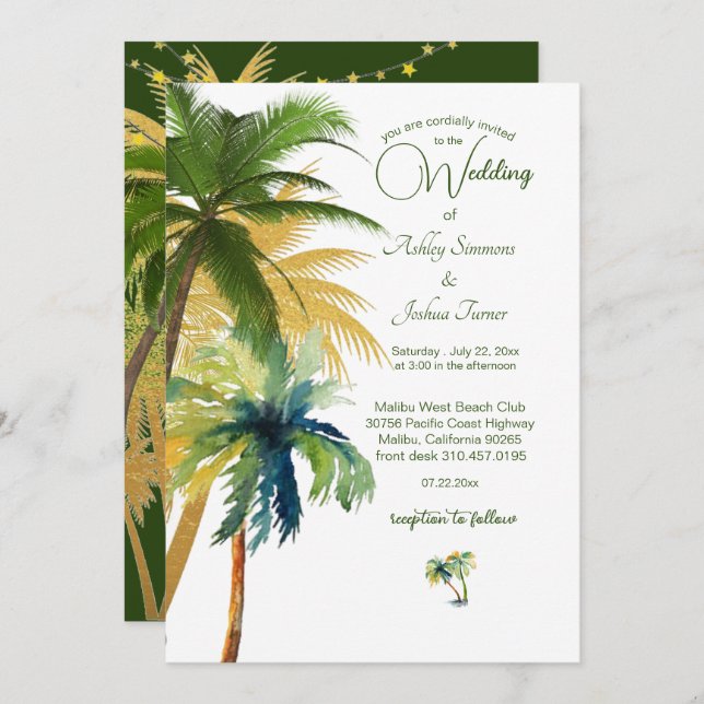 Convite Casamento de Palm Tree Beach (Frente/Verso)