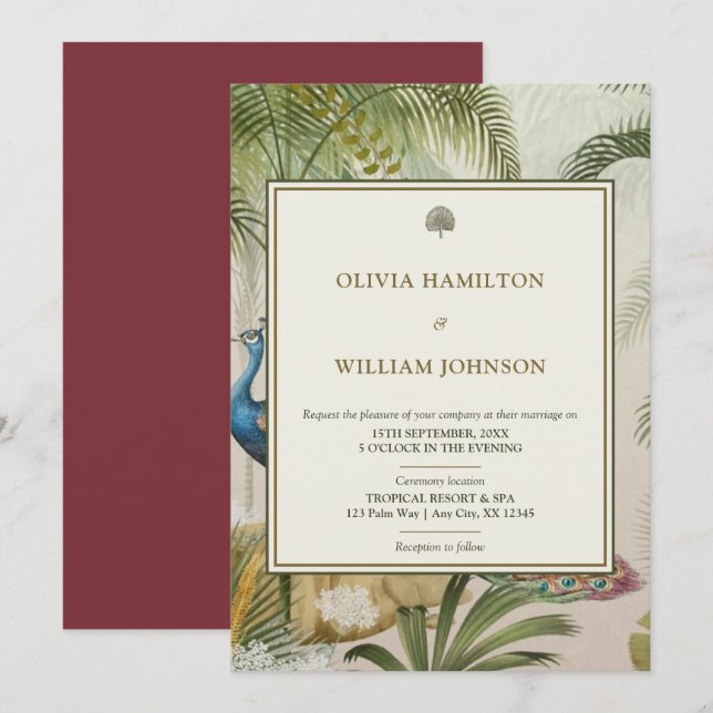 Convite Casamento de Palm Tropical Burgandy 5x7 (Frente/Verso)
