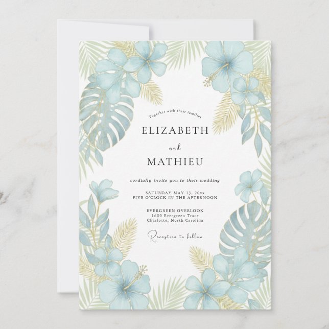 Convite Casamento de Palma de Eucalipto Tropical Aqua (Frente)