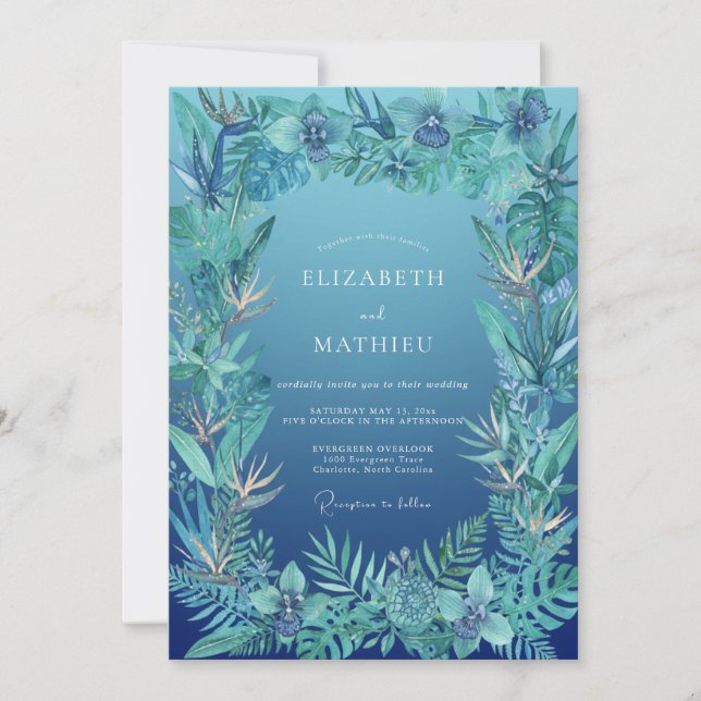 Convite Casamento de Palma de Eucalipto Tropical Azul (Frente)