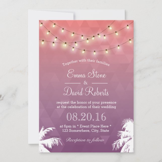 Convite Casamento de Palmas e Luzes de Cordas Modernas (Frente)