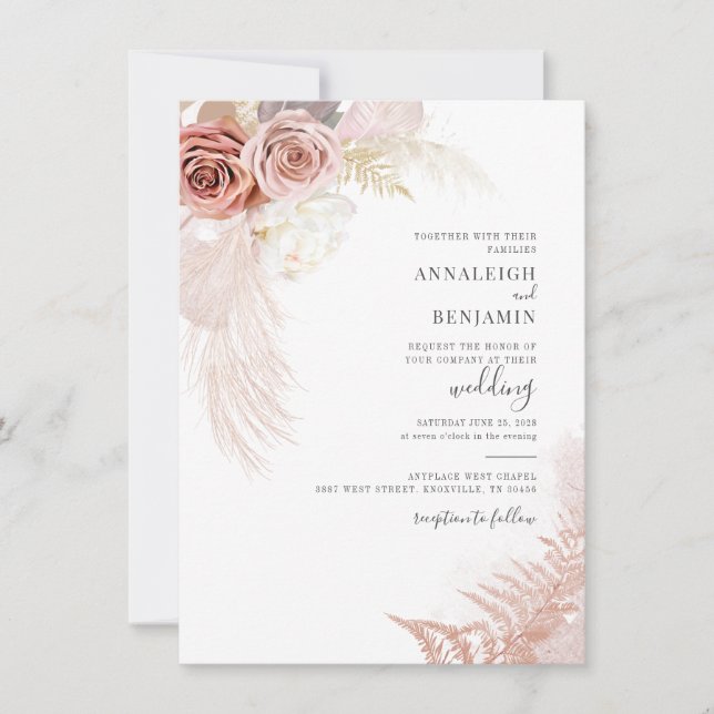 Convite Casamento de Palmas Secas Secas com Script de Gram (Frente)