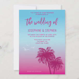 Convite Casamento De Palmeiras Tropicais Rosa E Azul