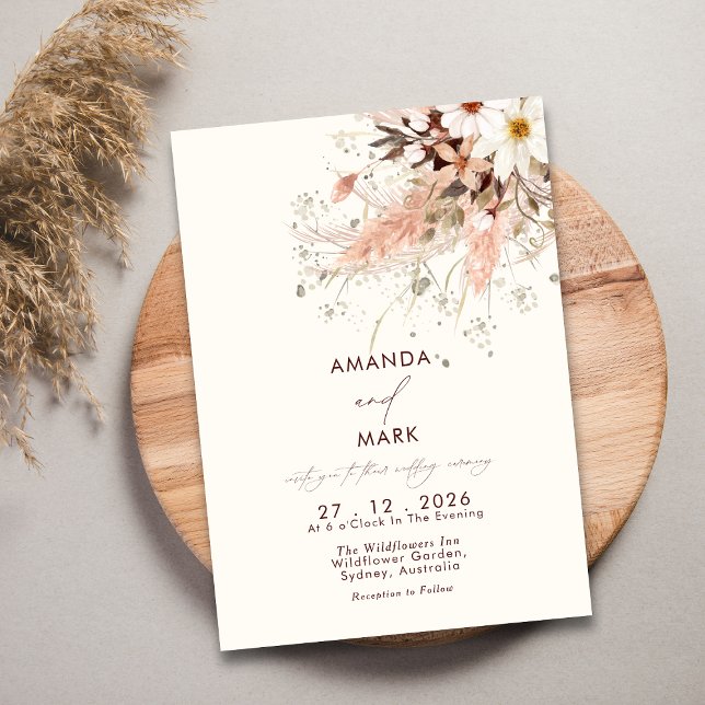 Convite Casamento de Pampas Grass Boho Wildflower Elegante (Criador carregado)