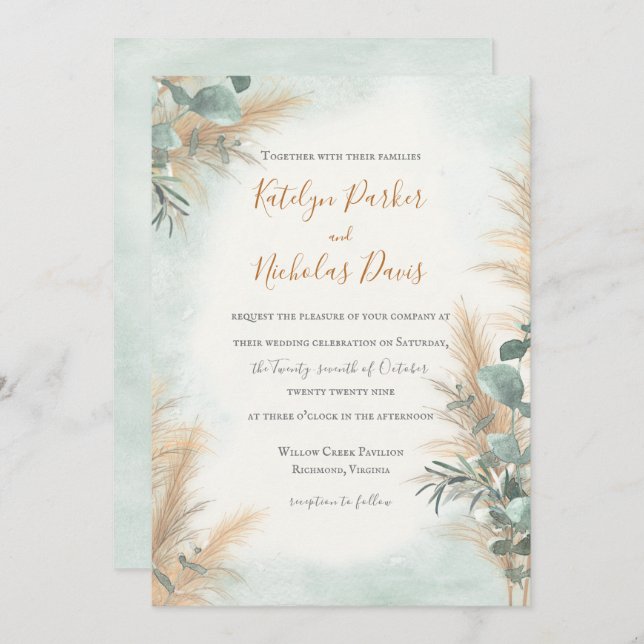 Convite Casamento de Pampas Grass Eucalyptus Greenery Boho (Frente/Verso)